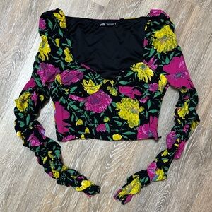 Zara Floral Crop Top - Black, Pink, Yellow